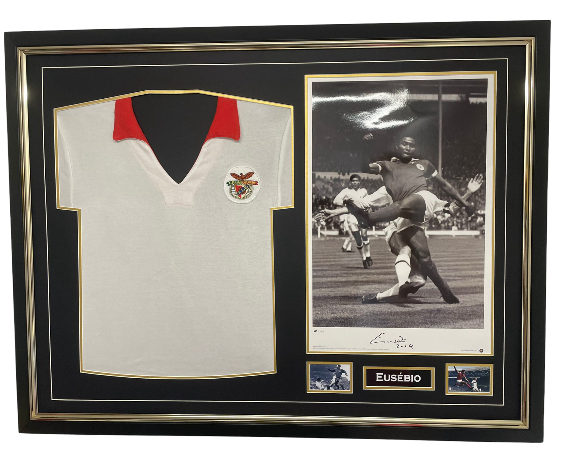 eusebio signed picture and benfica shirt