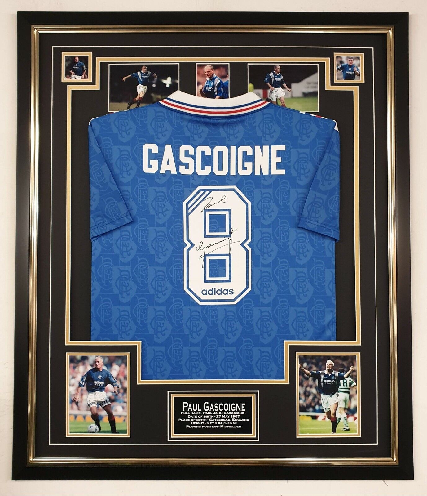 Paul Gascoigne of Rangers Signed Shirt 9 in a Row Display