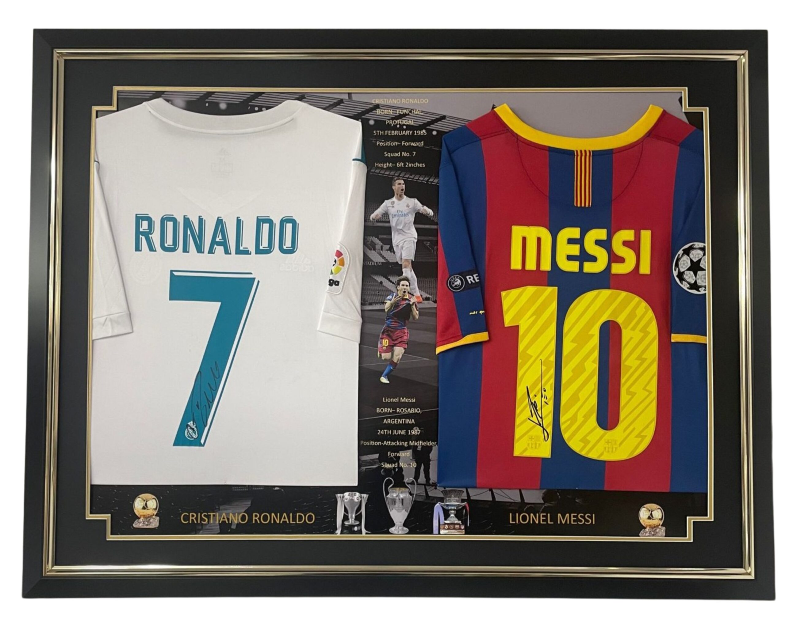 Lionel Messi of Barcelona and Cristiano Ronaldo Signed Shirt Display