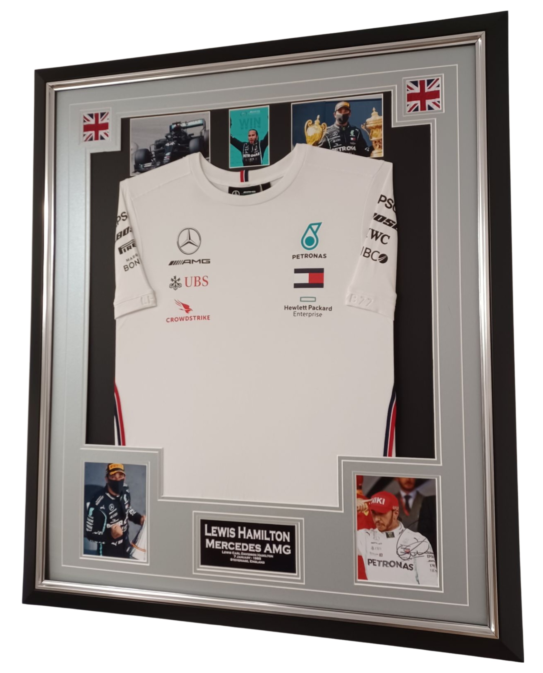 LEWIS HAMILTON SIGNED PHOTO WITH SHIRT (MERCEDES F1)