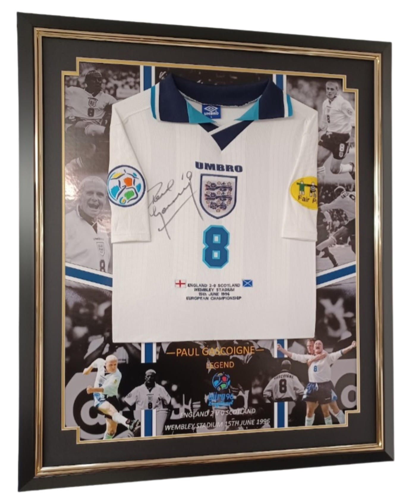 Exclusive Memorabilia Paul Gascoigne Signed England Euro 1996 Football Shirt.  Standard Frame : : Sports & Outdoors