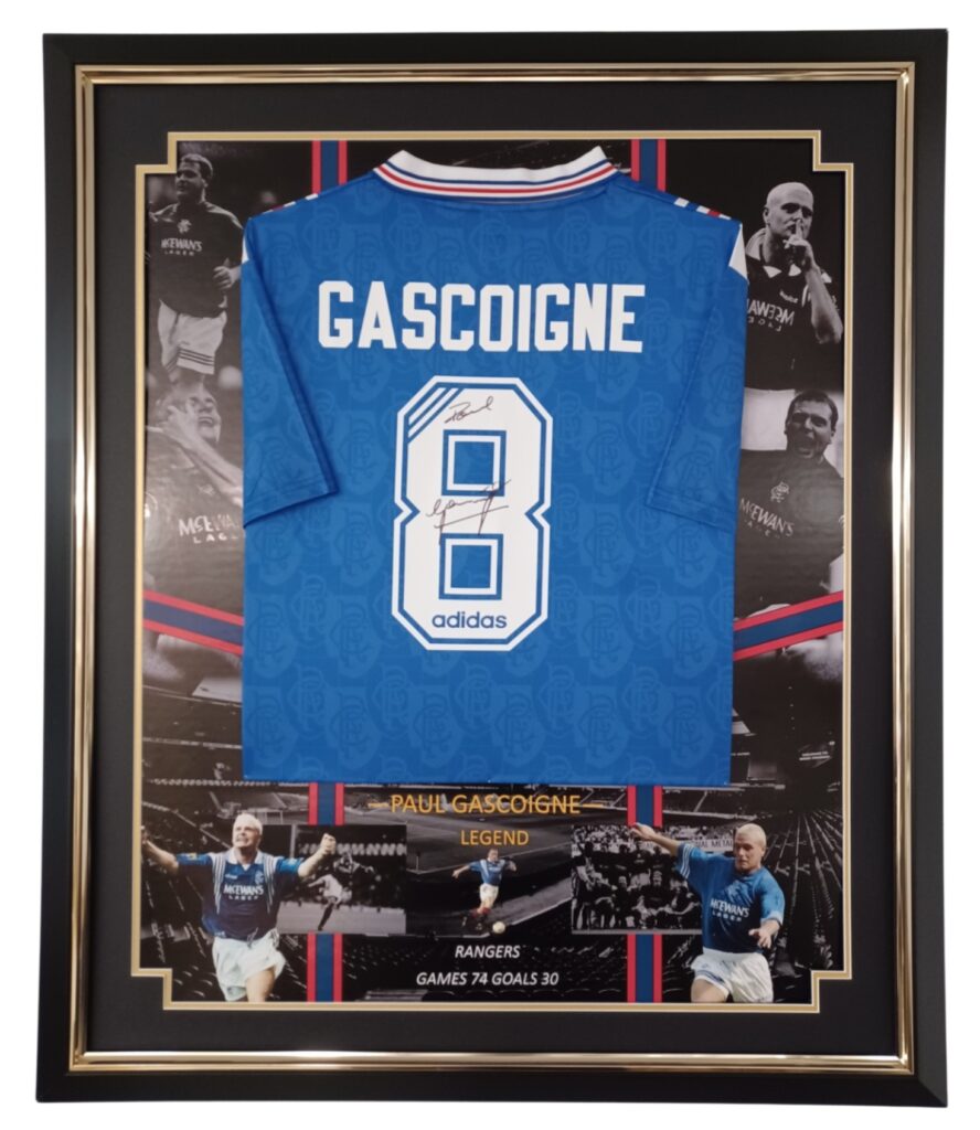 Paul Gascoigne Signed Rangers Shirt - 1996-1997, Nine In A Row (Signed In Silver, Top) - Genuine Signed Sports Memorabilia