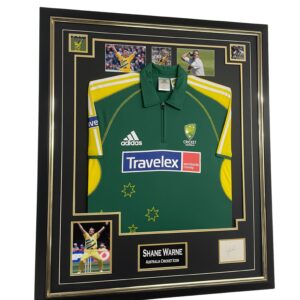 shane warne signed display with frame and shirt