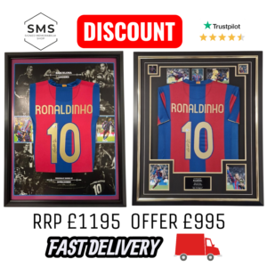 2 X Ronaldinho of Barcelona Framed Signed Shirt BECKETT AUTHENTICATED