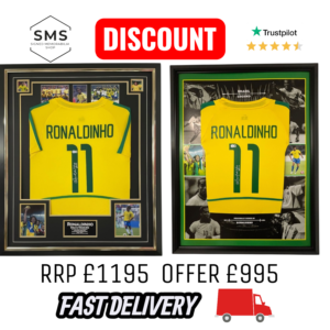 2 X Ronaldinho of Brazil Framed Signed Shirt BECKETT AUTHENTICATED