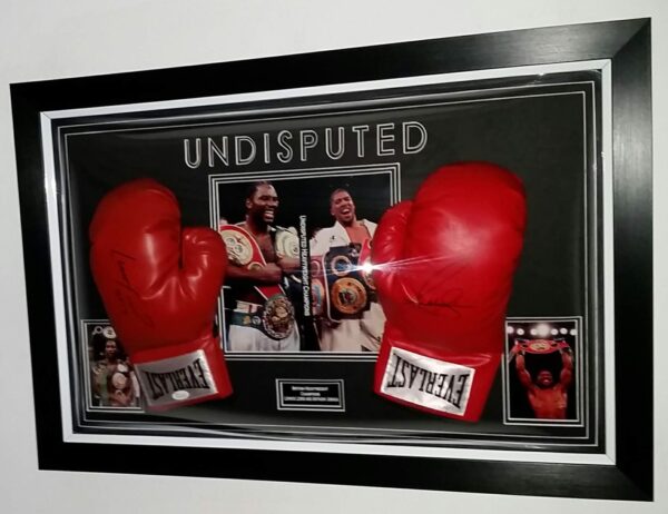 Anthony Joshua and Lennox Lewis Signed boxing Gloves Display