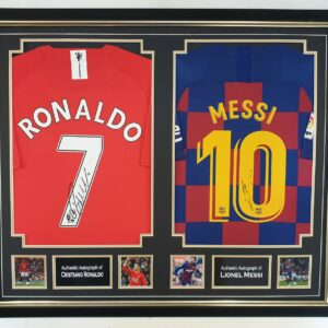 Lionel Messi of Barcelona  AND Cristiano Ronaldo Signed Shirts Display