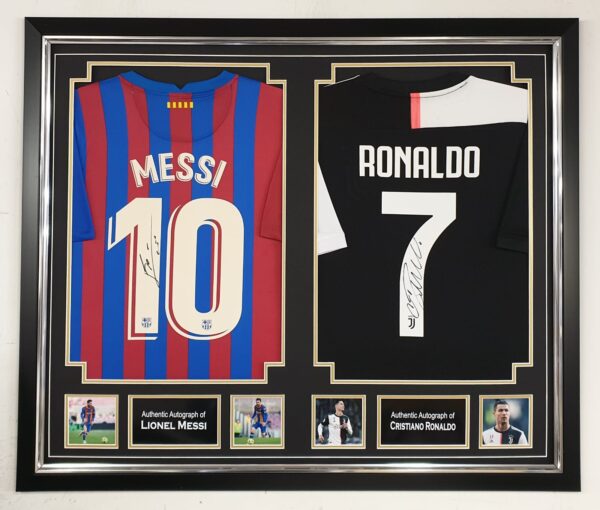 Lionel Messi of Barcelona and Cristiano Ronaldo Signed Shirt Display
